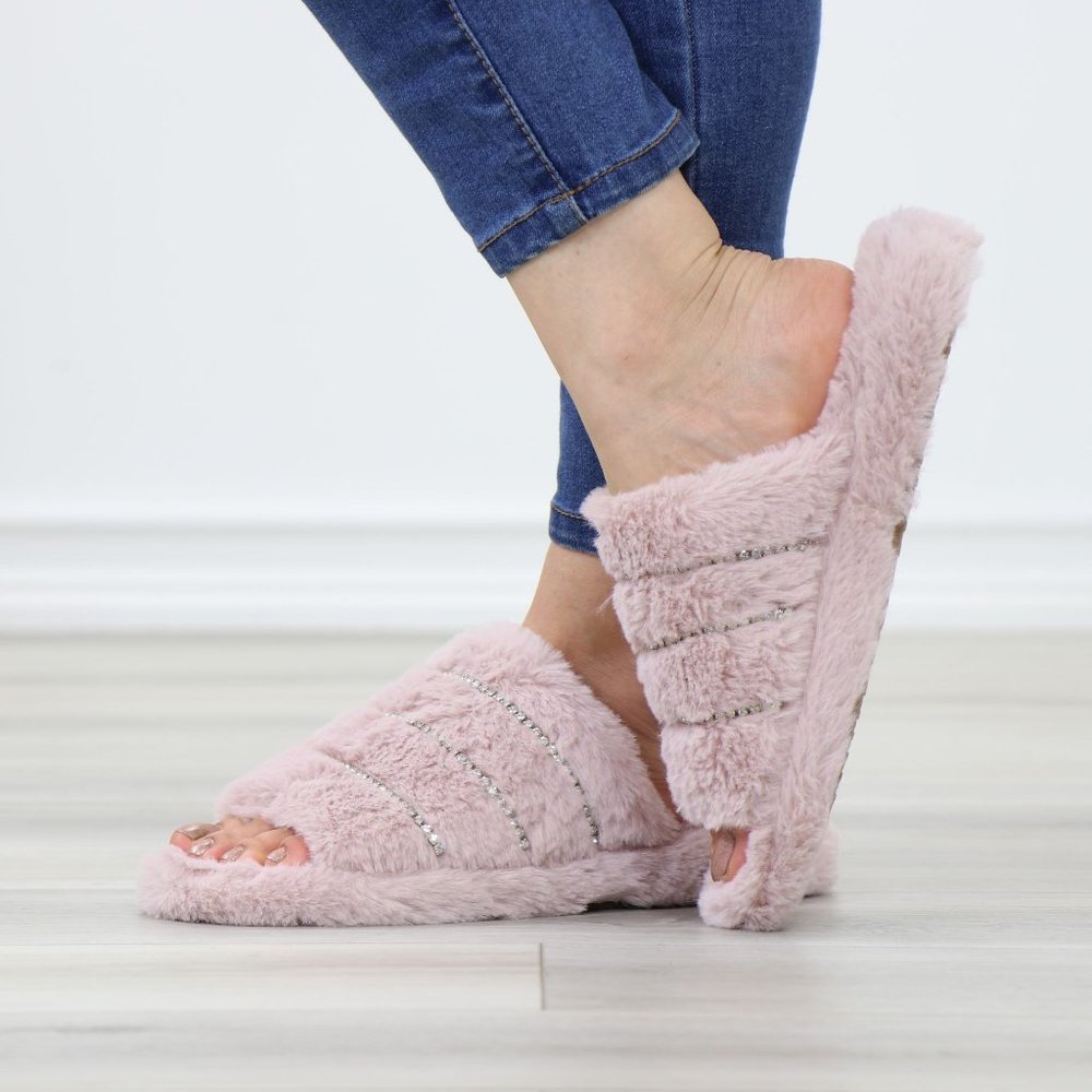 Pink Puff Fuzzy Fluffy Slip On Plush Slippers Diamond Accents - Picture 12 of 16